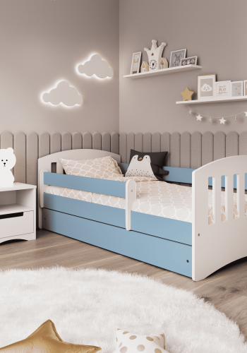 Classic 1 Juniorbett, mit Matratze, Bettgitter, Schublade - weiß-blaues Laminat und MDF (180x80)