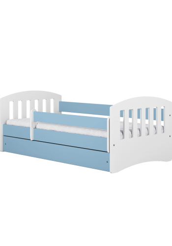 Classic 1 Juniorbett, mit Matratze, Bettgitter, Schublade - weiß-blaues Laminat und MDF (180x80)