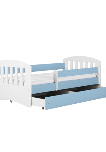 Classic 1 Juniorbett, mit Matratze, Bettgitter, Schublade - weiß-blaues Laminat und MDF (160x80)