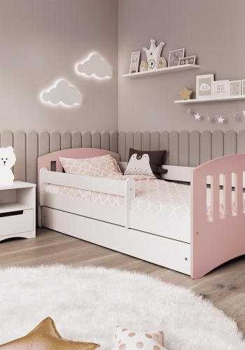 Classic 1 Juniorbett, mit Matratze, Bettgitter, Schublade - weiß-rosa Laminat und MDF (180x80)