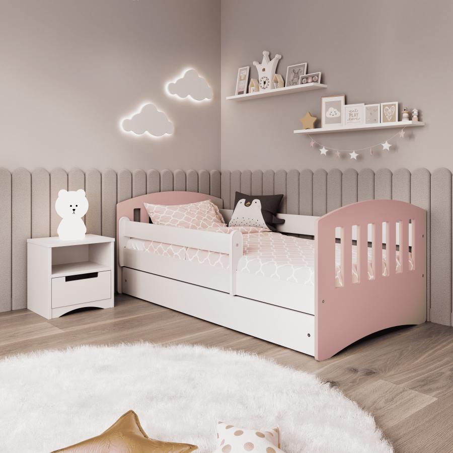 Classic 1 Juniorbett, mit Matratze, Bettgitter, Schublade - weiß-rosa Laminat und MDF (180x80)
