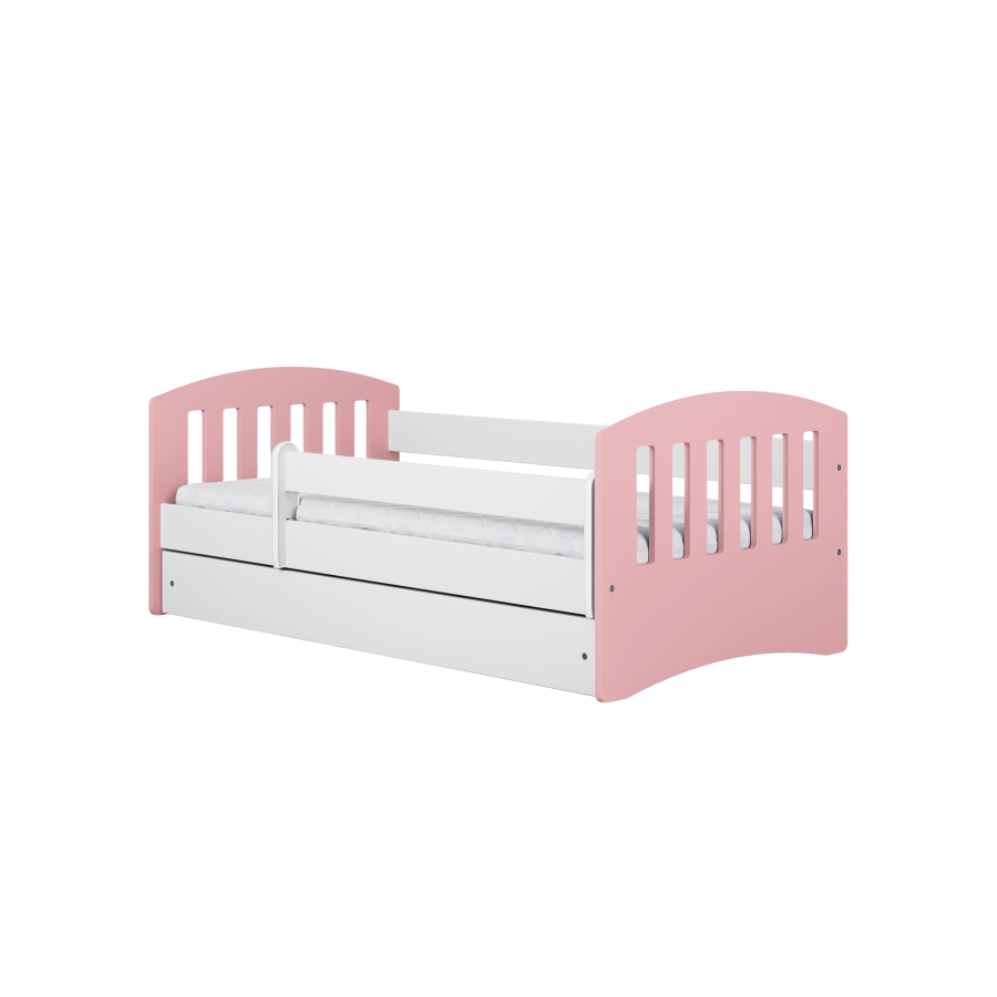 Classic 1 Juniorbett, mit Matratze, Bettgitter, Schublade - weiß-rosa Laminat und MDF (140x80)
