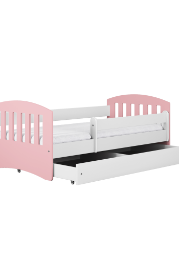 Classic 1 Juniorbett, mit Matratze, Bettgitter, Schublade - weiß-rosa Laminat und MDF (180x80)