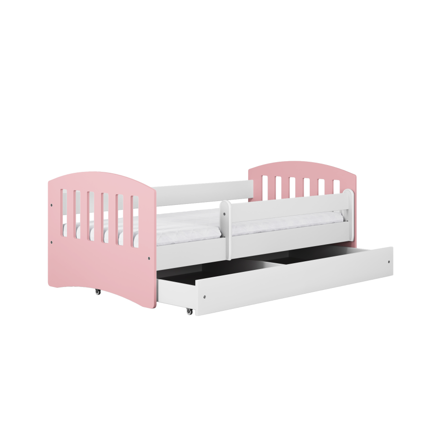 Classic 1 Juniorbett, mit Matratze, Bettgitter, Schublade - weiß-rosa Laminat und MDF (140x80)