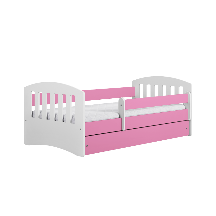 Classic 1 Juniorbett, mit Matratze, Bettgitter, Schublade - weiß-rosa Laminat und MDF (140x80)
