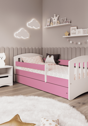 Classic 1 Juniorbett, mit Matratze, Bettgitter, Schublade - weiß-rosa Laminat und MDF (180x80)