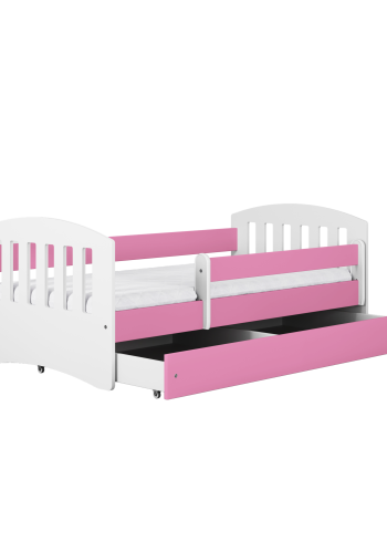 Classic 1 Juniorbett, mit Matratze, Bettgitter, Schublade - weiß-rosa Laminat und MDF (180x80)