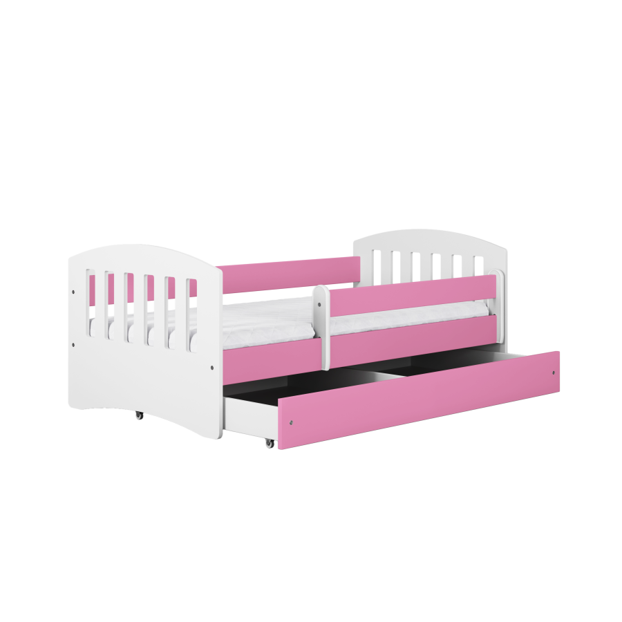 Classic 1 Juniorbett, mit Matratze, Bettgitter, Schublade - weiß-rosa Laminat und MDF (140x80)
