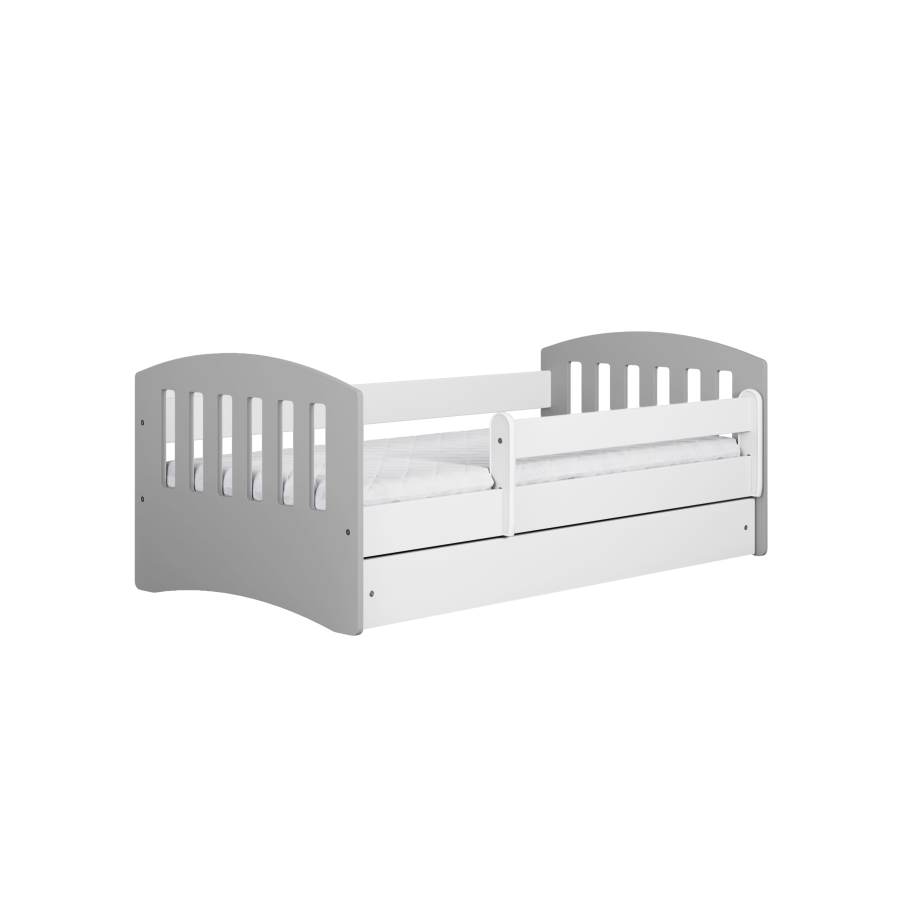 Classic 1 Juniorbett, mit Matratze, Bettgitter, Schublade - weißes und graues Laminat und MDF (140x80)