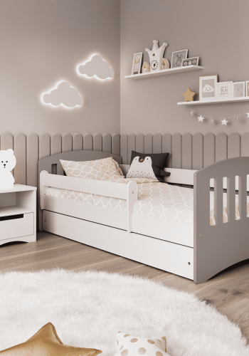 Classic 1 Juniorbett, mit Matratze, Bettgitter, Schublade - weißes und graues Laminat und MDF (180x80)