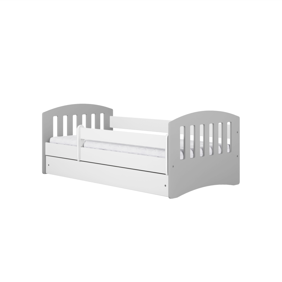 Classic 1 Juniorbett, mit Matratze, Bettgitter, Schublade - weißes und graues Laminat und MDF (140x80)