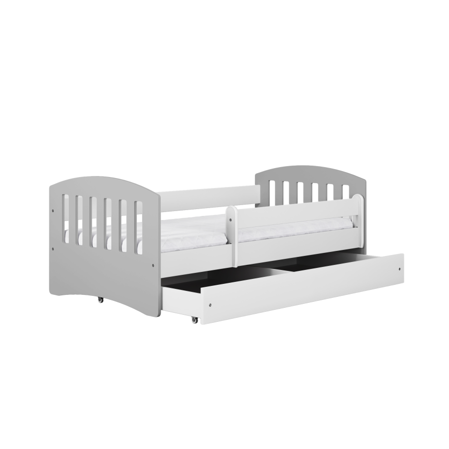 Classic 1 Juniorbett, mit Matratze, Bettgitter, Schublade - weißes und graues Laminat und MDF (180x80)