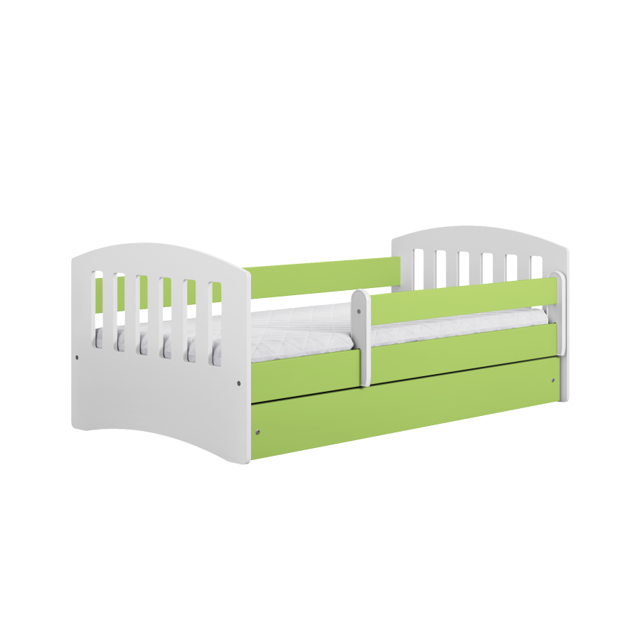Classic 1 Juniorbett, mit Matratze, Bettgitter, Schublade - weiß-grünes Laminat und MDF (180x80)