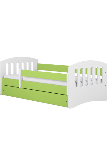 Classic 1 Juniorbett, mit Matratze, Bettgitter, Schublade - weiß-grünes Laminat und MDF (180x80)