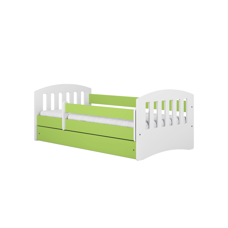 Classic 1 Juniorbett, mit Matratze, Bettgitter, Schublade - weiß-grünes Laminat und MDF (180x80)