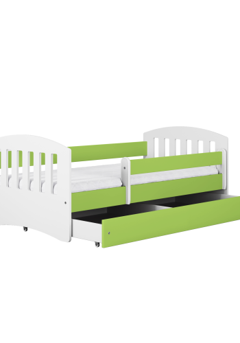 Classic 1 Juniorbett, mit Matratze, Bettgitter, Schublade - weiß-grünes Laminat und MDF (180x80)