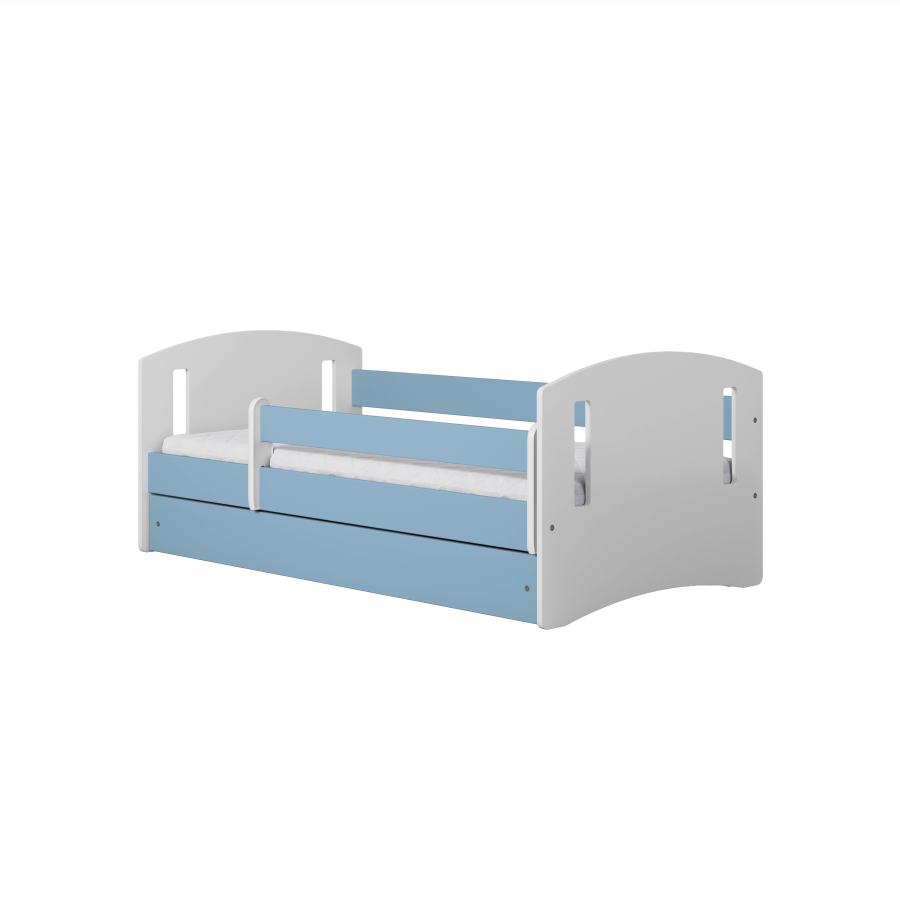 Classic 2 Juniorbett, mit Matratze, Bettgitter, Schublade - weiß-blaues Laminat und MDF (160x80)