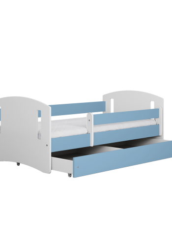 Classic 2 Juniorbett, mit Matratze, Bettgitter, Schublade - weiß-blaues Laminat und MDF (160x80)