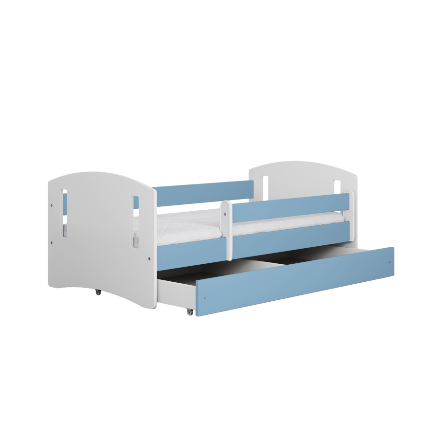 Classic 2 Juniorbett, mit Matratze, Bettgitter, Schublade - weiß-blaues Laminat und MDF (160x80)