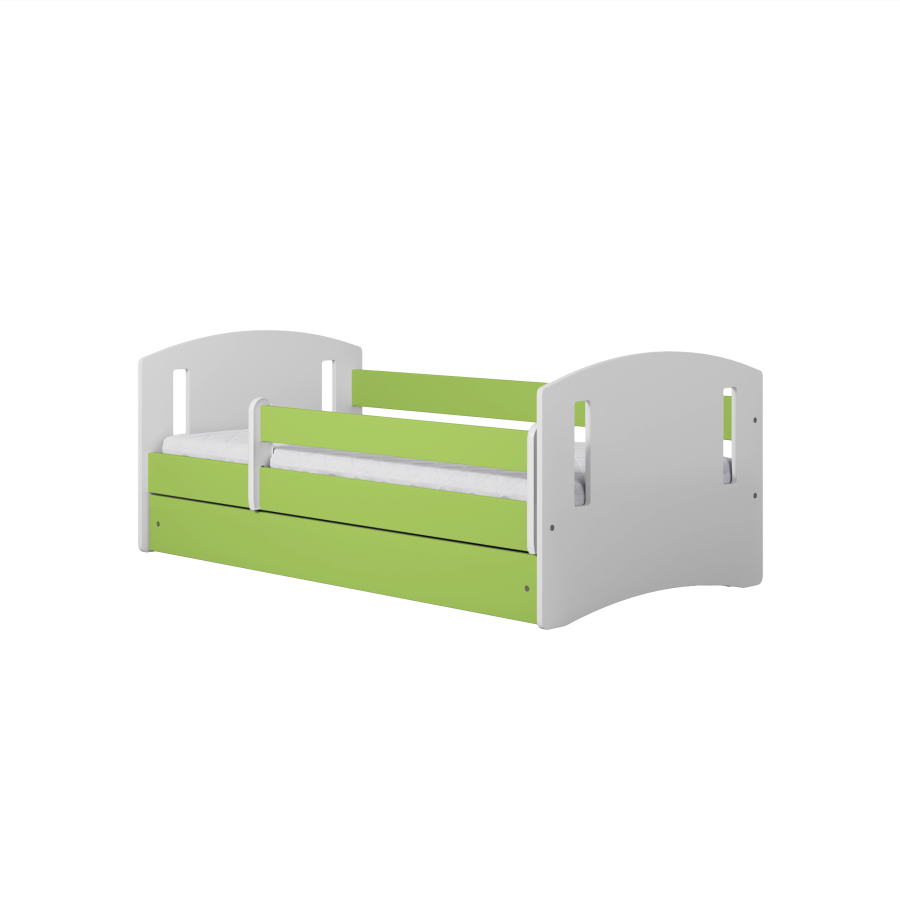 Classic 2 Juniorbett, mit Matratze, Bettgitter, Schublade - weiß-grünes Laminat und MDF (180x80)