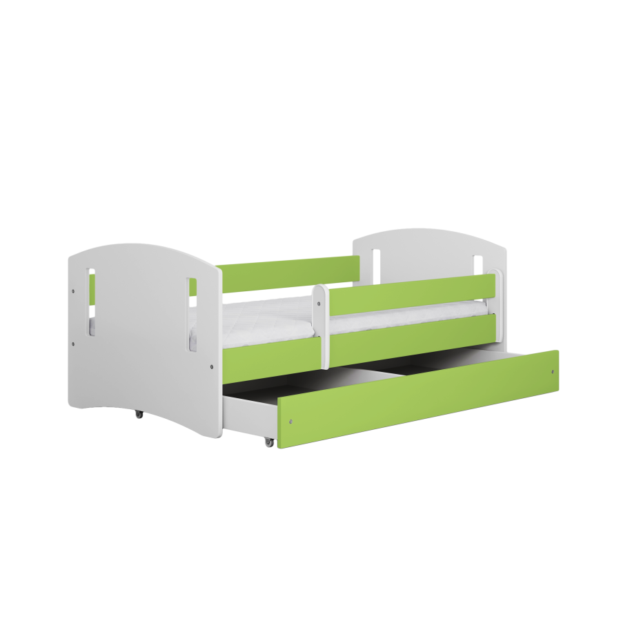 Classic 2 Juniorbett, mit Matratze, Bettgitter, Schublade - weiß-grünes Laminat und MDF (140x80)