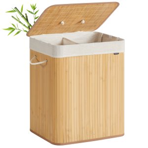 SONGMICS Tv&auml;ttkorg med lock, 2 fack, 120 liter, tv&auml;ttkorg i bambu, hopf&auml;llbar, avtagbar och maskintv&auml;ttbar tv&auml;ttp�se, med handtag, f&ouml;r tv&auml;ttstuga, naturf&auml;rg LCB014Y01