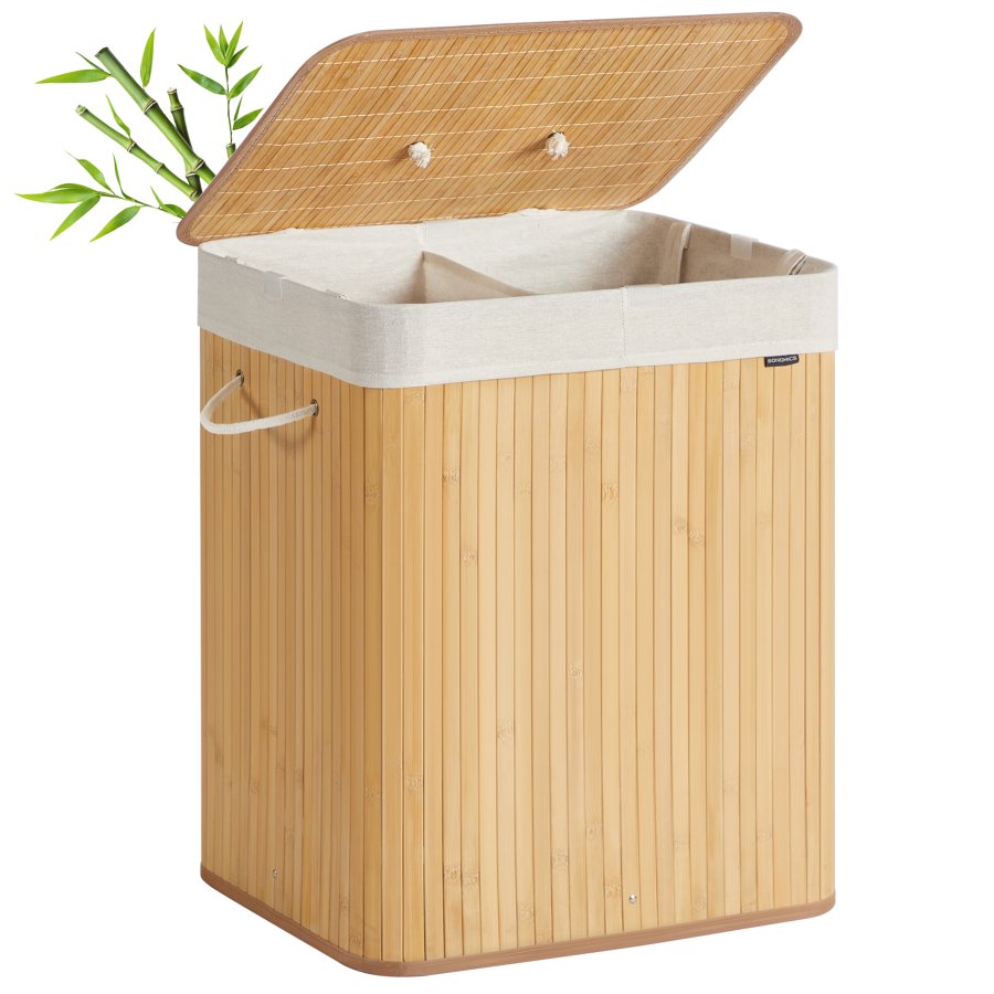SONGMICS W&auml;schekorb mit Deckel, 2 F&auml;cher, 120 Liter, Bambus-W&auml;schekorb, faltbar, mit herausnehmbarem und maschinenwaschbarem W&auml;schesack, mit Griff, f&uuml;r den Waschraum, Naturfarbe LCB014Y01