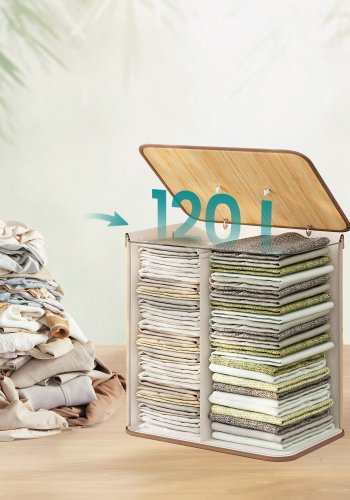 SONGMICS W&auml;schekorb mit Deckel, 2 F&auml;cher, 120 Liter, Bambus-W&auml;schekorb, faltbar, mit herausnehmbarem und maschinenwaschbarem W&auml;schesack, mit Griff, f&uuml;r den Waschraum, Naturfarbe LCB014Y01