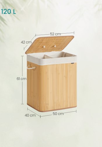 SONGMICS W&auml;schekorb mit Deckel, 2 F&auml;cher, 120 Liter, Bambus-W&auml;schekorb, faltbar, mit herausnehmbarem und maschinenwaschbarem W&auml;schesack, mit Griff, f&uuml;r den Waschraum, Naturfarbe LCB014Y01
