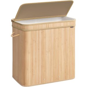 SONGMICS Tv&auml;ttkorg med lock, tv&auml;ttkorg i bambu, avtagbar maskintv&auml;ttbar tv&auml;ttkorg, med handtag, 150 l, f&ouml;r grovk&ouml;k, sovrum, badrum, naturbeige LCB062N01