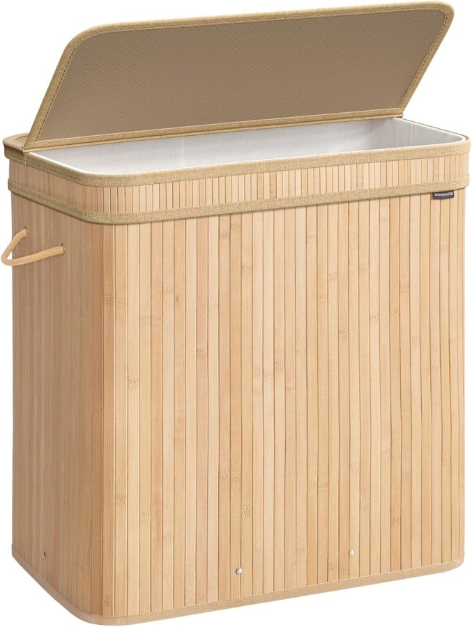 SONGMICS W&auml;schekorb mit Deckel, Bambus-W&auml;schekorb, abnehmbarer, maschinenwaschbarer W&auml;schekorb, mit Griff, 150 l, f&uuml;r Hauswirtschaftsraum, Schlafzimmer, Badezimmer, Naturbeige LCB062N01