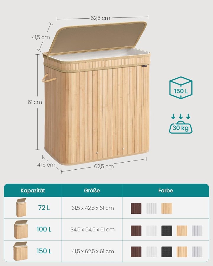 SONGMICS W&auml;schekorb mit Deckel, Bambus-W&auml;schekorb, abnehmbarer, maschinenwaschbarer W&auml;schekorb, mit Griff, 150 l, f&uuml;r Hauswirtschaftsraum, Schlafzimmer, Badezimmer, Naturbeige LCB062N01