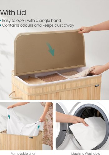 SONGMICS W&auml;schekorb mit Deckel, Bambus-W&auml;schekorb, abnehmbarer, maschinenwaschbarer W&auml;schekorb, mit Griff, 150 l, f&uuml;r Hauswirtschaftsraum, Schlafzimmer, Badezimmer, Naturbeige LCB062N01