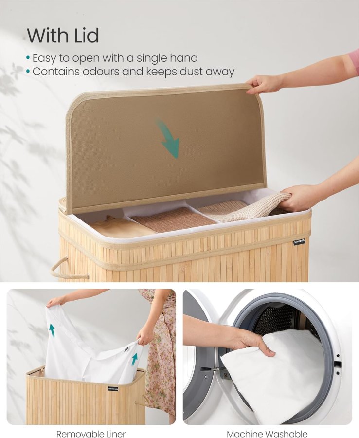 SONGMICS W&auml;schekorb mit Deckel, Bambus-W&auml;schekorb, abnehmbarer, maschinenwaschbarer W&auml;schekorb, mit Griff, 150 l, f&uuml;r Hauswirtschaftsraum, Schlafzimmer, Badezimmer, Naturbeige LCB062N01