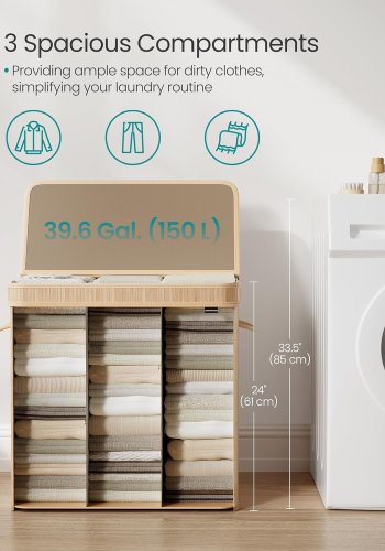 SONGMICS W&auml;schekorb mit Deckel, Bambus-W&auml;schekorb, abnehmbarer, maschinenwaschbarer W&auml;schekorb, mit Griff, 150 l, f&uuml;r Hauswirtschaftsraum, Schlafzimmer, Badezimmer, Naturbeige LCB062N01
