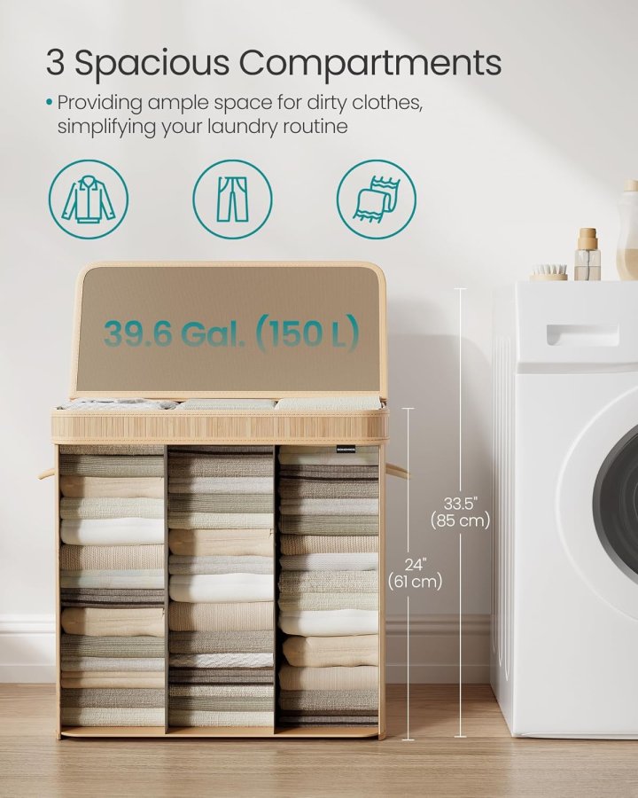 SONGMICS W&auml;schekorb mit Deckel, Bambus-W&auml;schekorb, abnehmbarer, maschinenwaschbarer W&auml;schekorb, mit Griff, 150 l, f&uuml;r Hauswirtschaftsraum, Schlafzimmer, Badezimmer, Naturbeige LCB062N01