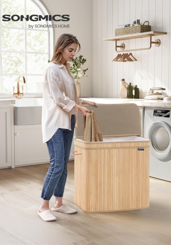 SONGMICS W&auml;schekorb mit Deckel, Bambus-W&auml;schekorb, abnehmbarer, maschinenwaschbarer W&auml;schekorb, mit Griff, 150 l, f&uuml;r Hauswirtschaftsraum, Schlafzimmer, Badezimmer, Naturbeige LCB062N01