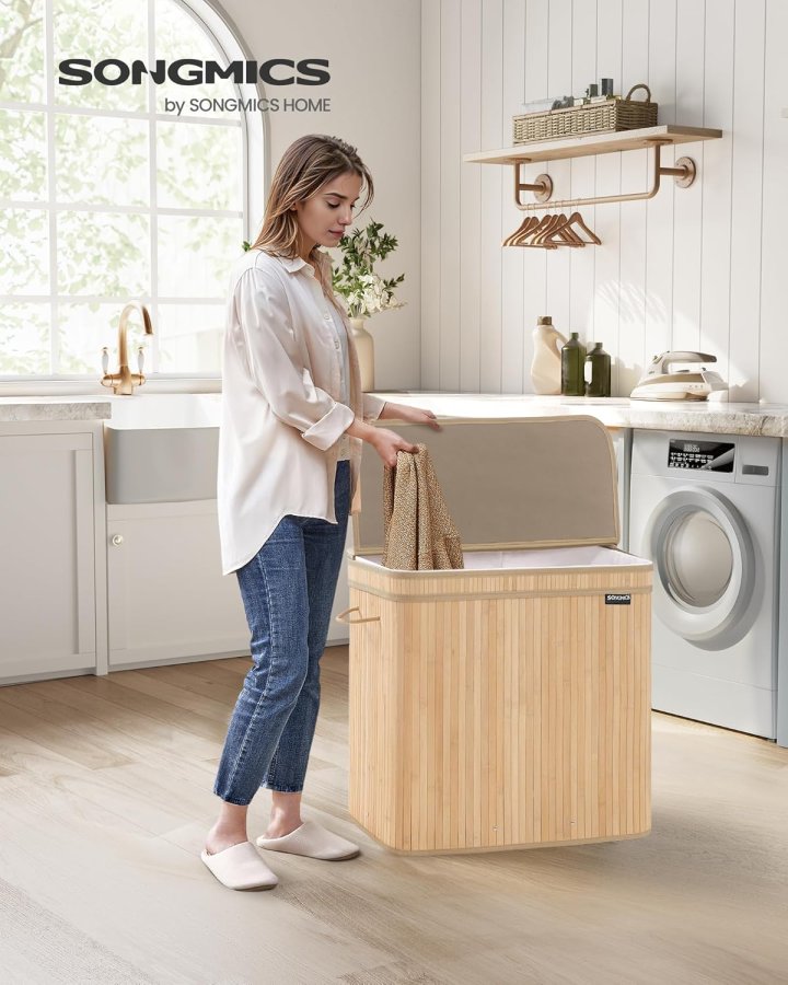 SONGMICS W&auml;schekorb mit Deckel, Bambus-W&auml;schekorb, abnehmbarer, maschinenwaschbarer W&auml;schekorb, mit Griff, 150 l, f&uuml;r Hauswirtschaftsraum, Schlafzimmer, Badezimmer, Naturbeige LCB062N01