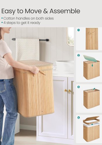 SONGMICS W&auml;schekorb mit Deckel, Bambus-W&auml;schekorb, abnehmbarer, maschinenwaschbarer W&auml;schekorb, mit Griff, 150 l, f&uuml;r Hauswirtschaftsraum, Schlafzimmer, Badezimmer, Naturbeige LCB062N01