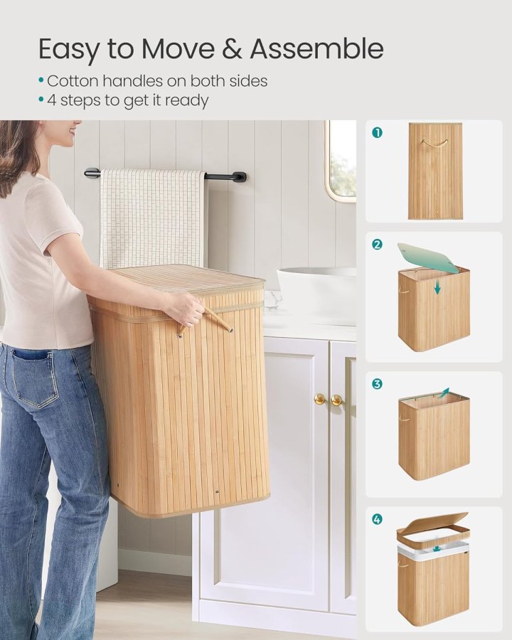 SONGMICS W&auml;schekorb mit Deckel, Bambus-W&auml;schekorb, abnehmbarer, maschinenwaschbarer W&auml;schekorb, mit Griff, 150 l, f&uuml;r Hauswirtschaftsraum, Schlafzimmer, Badezimmer, Naturbeige LCB062N01