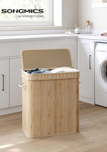 SONGMICS LCB063N01 vasket�jskurv, 100 liter, m. l�g, aftagelig og maskinvaskbar vasket�jspose, h�ndtag - polybomuld og natur bambus