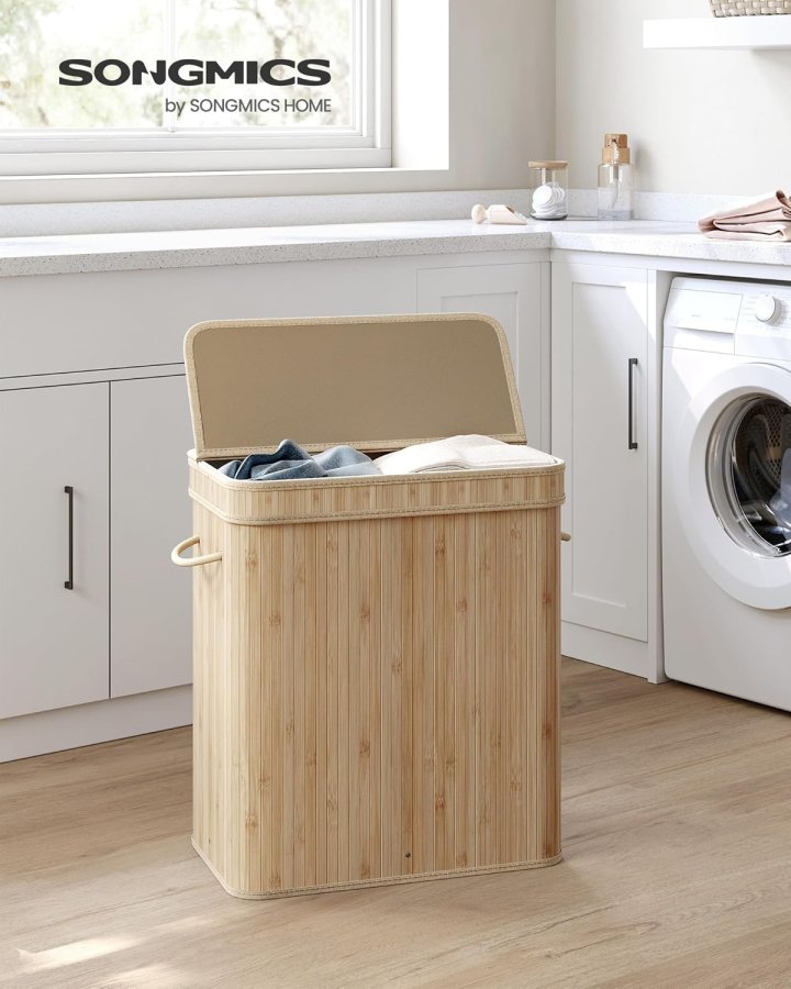 SONGMICS W&auml;schekorb mit Deckel, W&auml;schekorb aus Bambus, herausnehmbarer und maschinenwaschbarer W&auml;schesack mit Griff, 100 Liter, f&uuml;r Waschk&uuml;che, Schlafzimmer, Wohnzimmer, Naturbeige LCB063N01