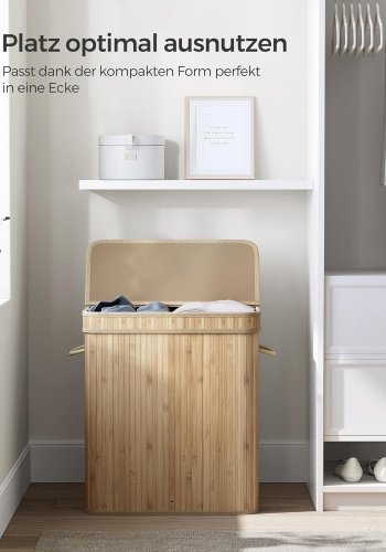 SONGMICS LCB063N01 vasket�jskurv, 100 liter, m. l�g, aftagelig og maskinvaskbar vasket�jspose, h�ndtag - polybomuld og natur bambus