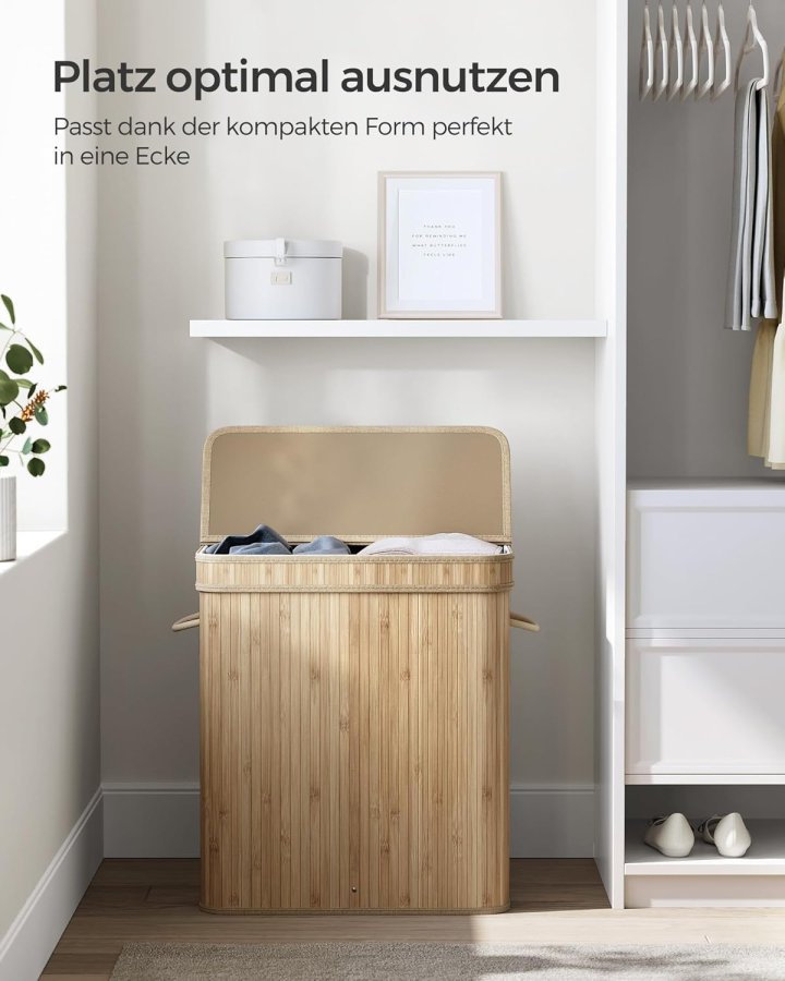 SONGMICS W&auml;schekorb mit Deckel, W&auml;schekorb aus Bambus, herausnehmbarer und maschinenwaschbarer W&auml;schesack mit Griff, 100 Liter, f&uuml;r Waschk&uuml;che, Schlafzimmer, Wohnzimmer, Naturbeige LCB063N01