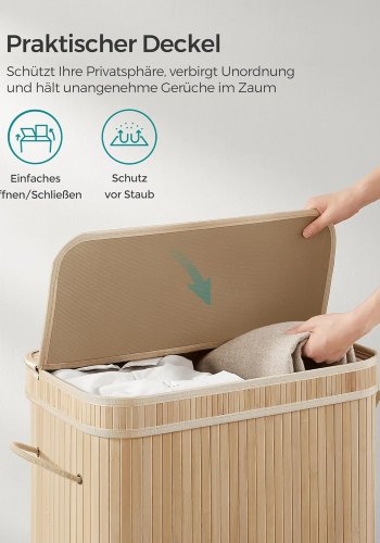 SONGMICS W&auml;schekorb mit Deckel, W&auml;schekorb aus Bambus, herausnehmbarer und maschinenwaschbarer W&auml;schesack mit Griff, 100 Liter, f&uuml;r Waschk&uuml;che, Schlafzimmer, Wohnzimmer, Naturbeige LCB063N01