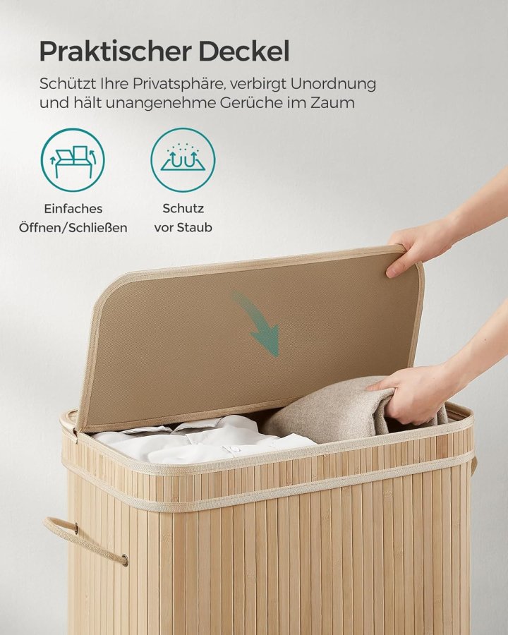SONGMICS W&auml;schekorb mit Deckel, W&auml;schekorb aus Bambus, herausnehmbarer und maschinenwaschbarer W&auml;schesack mit Griff, 100 Liter, f&uuml;r Waschk&uuml;che, Schlafzimmer, Wohnzimmer, Naturbeige LCB063N01