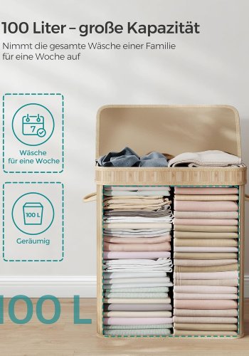 SONGMICS W&auml;schekorb mit Deckel, W&auml;schekorb aus Bambus, herausnehmbarer und maschinenwaschbarer W&auml;schesack mit Griff, 100 Liter, f&uuml;r Waschk&uuml;che, Schlafzimmer, Wohnzimmer, Naturbeige LCB063N01