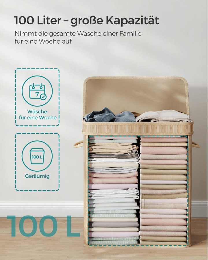 SONGMICS W&auml;schekorb mit Deckel, W&auml;schekorb aus Bambus, herausnehmbarer und maschinenwaschbarer W&auml;schesack mit Griff, 100 Liter, f&uuml;r Waschk&uuml;che, Schlafzimmer, Wohnzimmer, Naturbeige LCB063N01