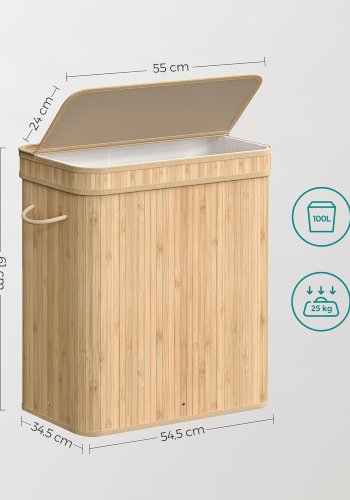 SONGMICS W&auml;schekorb mit Deckel, W&auml;schekorb aus Bambus, herausnehmbarer und maschinenwaschbarer W&auml;schesack mit Griff, 100 Liter, f&uuml;r Waschk&uuml;che, Schlafzimmer, Wohnzimmer, Naturbeige LCB063N01