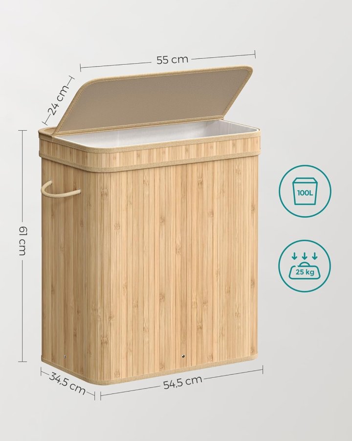 SONGMICS W&auml;schekorb mit Deckel, W&auml;schekorb aus Bambus, herausnehmbarer und maschinenwaschbarer W&auml;schesack mit Griff, 100 Liter, f&uuml;r Waschk&uuml;che, Schlafzimmer, Wohnzimmer, Naturbeige LCB063N01